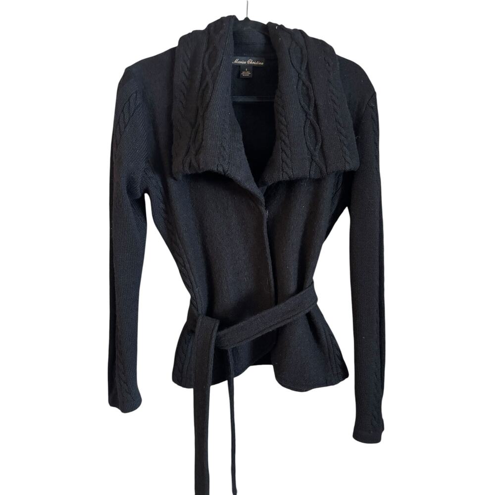 Vintage Marisa Christina 100% Wool Black Cardigan Top Belted Cable Knit Women S